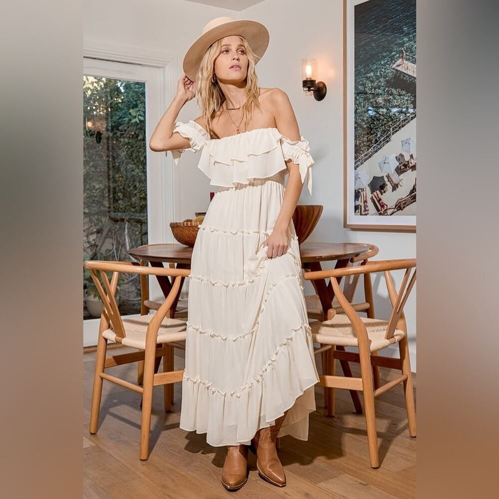 Lulus Chance For Us Ivory Off-the-Shoulder Ruffled Maxi Dress